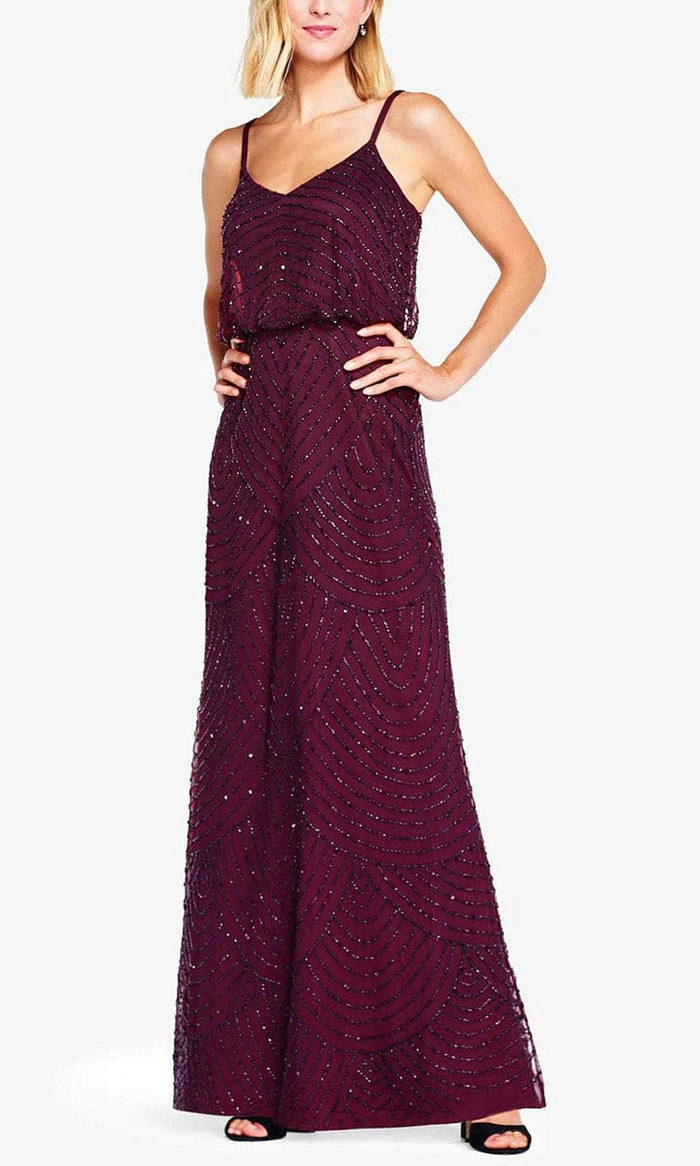 Adrianna Papell 091866702 - Spaghetti Strap Beaded Long Dress Special Occasion Dress 2P / Cassis