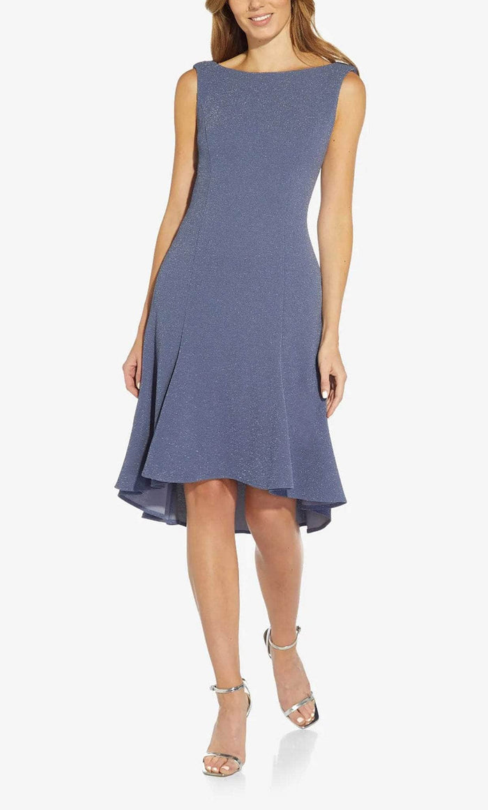 Adrianna Papell Boat Neck Sleeveless Cowl Back Solid Fit & Flare Metallic Knit Dress Steel Blue / 12 Adrianna Papell Boat Neck Sleeveless Cowl Back Solid Fit & Flare Metallic Knit Dress Steel Blue / 12