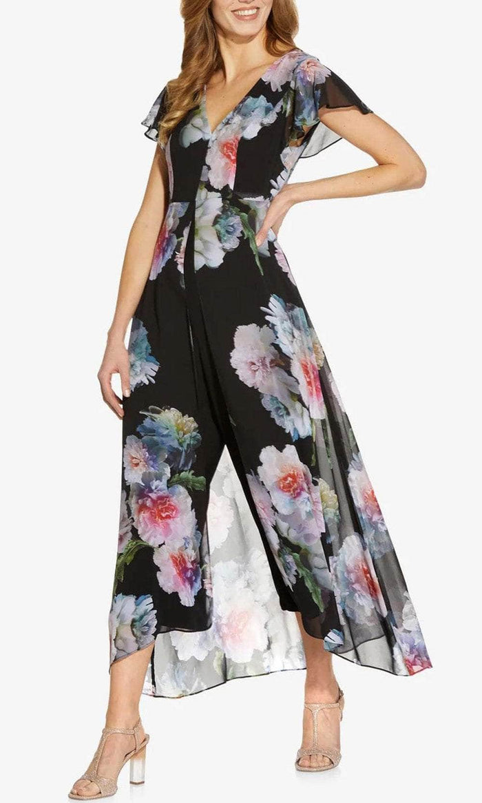 Adrianna Papell AP1D104440 - Floral V-Neck Jumpsuit Long Dresses 2 / Black Multi