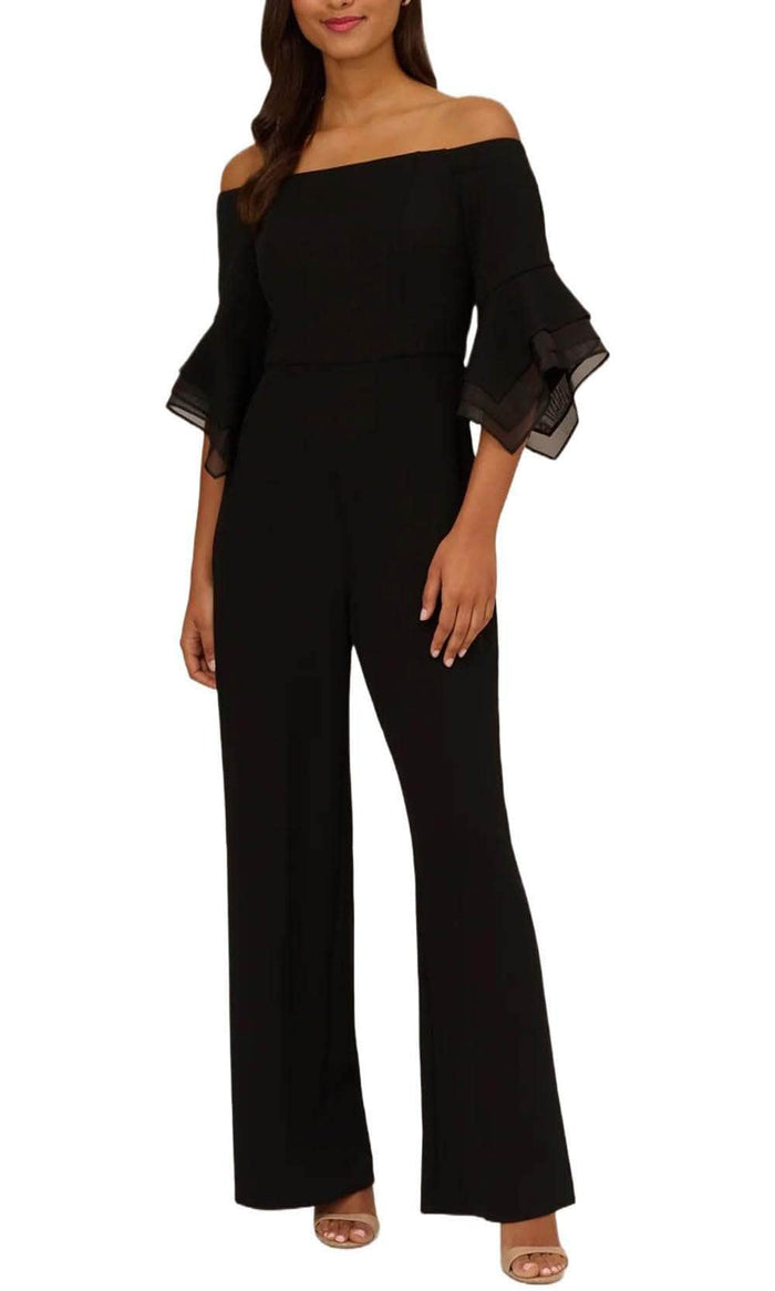 Adrianna Papell AP1E209617 - Flounce Sleeve Jumpsuit Formal Pantsuits 0 / Black