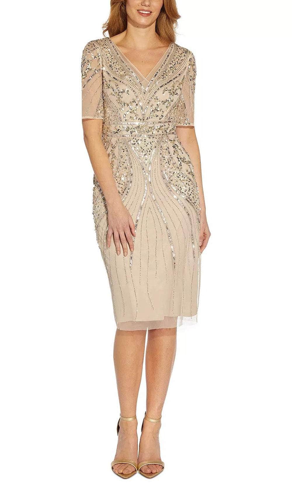 Adrianna Papell - Beaded V Neck Cocktail Dress AP1E200151