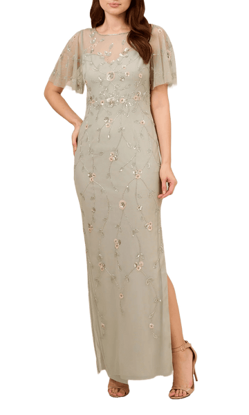 Beaded Mesh V-Neck Sheath Gown with Cap Sleeves | David's Bridal