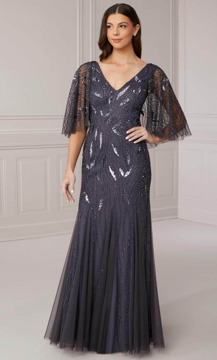 Adrianna Papell Platinum 40417 - Beaded V-Neck Evening Dress Evening Dresses 22W / Gunmetal