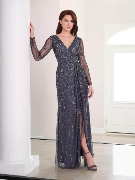 Adrianna Papell Platinum 40454 - Sheer Long Sleeve Beaded Evening Gown