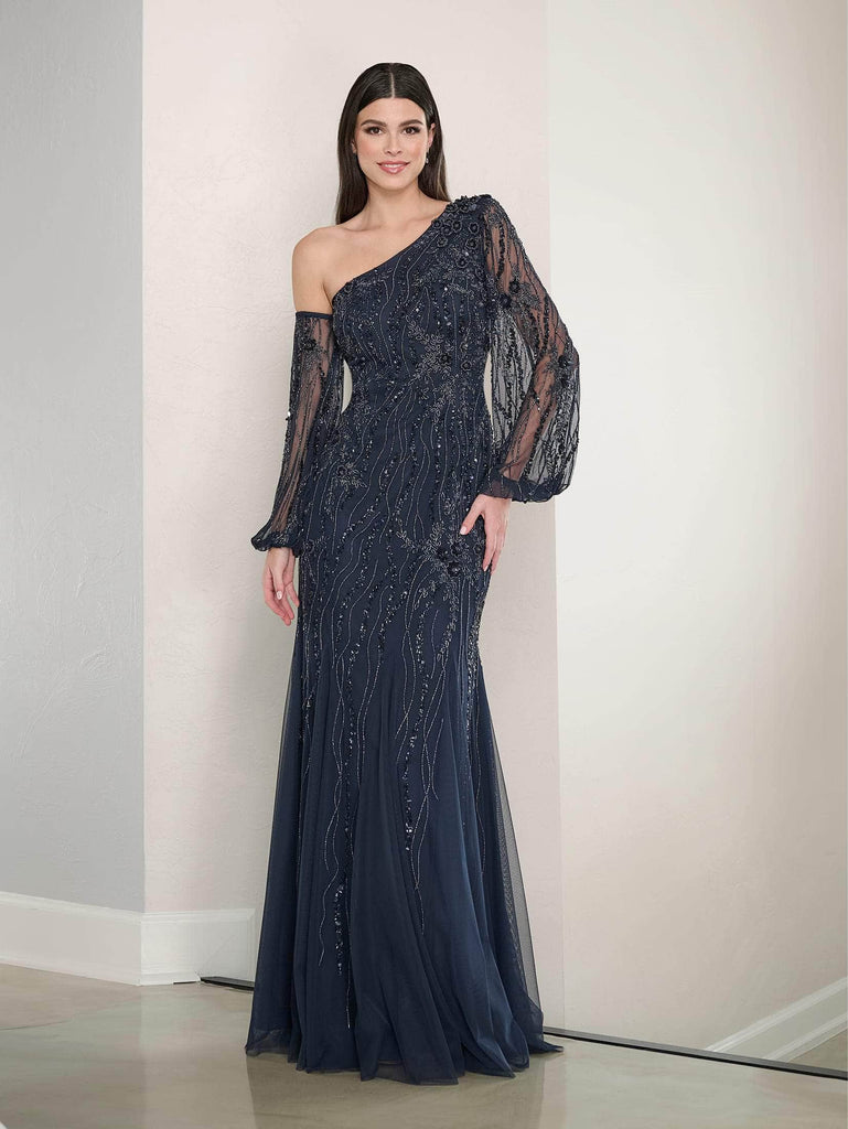 Adrianna Papell Platinum 40464 - Beaded Asymmetrical Neck Long Dress Adrianna Papell Platinum 40464 - Beaded Asymmetrical Neck Long Dress