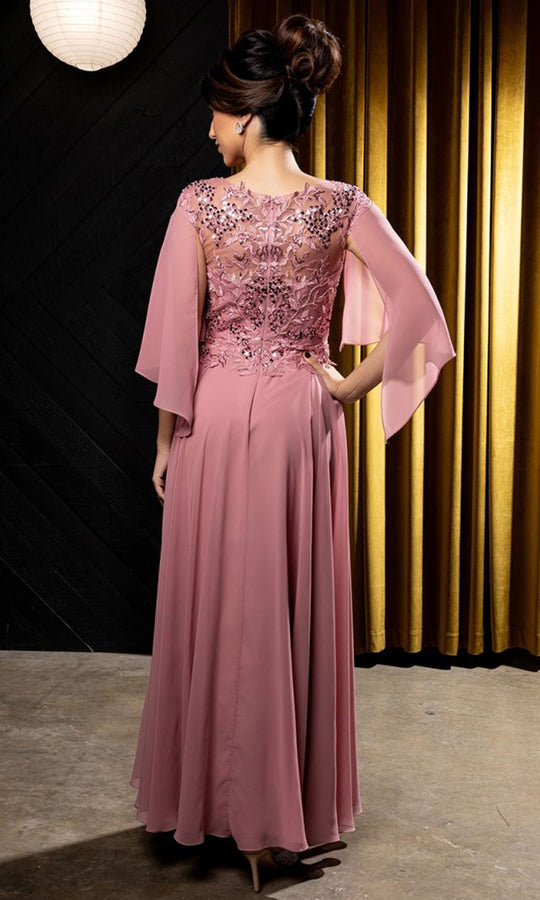 May Queen MQ2233 - Embroidered Cape Sleeve Formal Gown