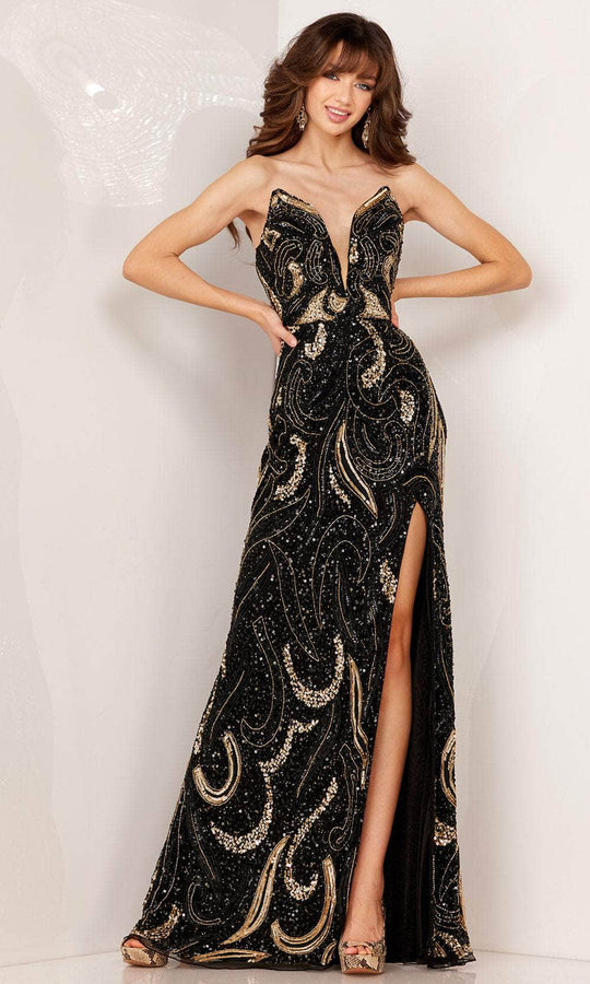 Aleta Couture 1105 - Plunged V-Neck Jeweled Evening Gown