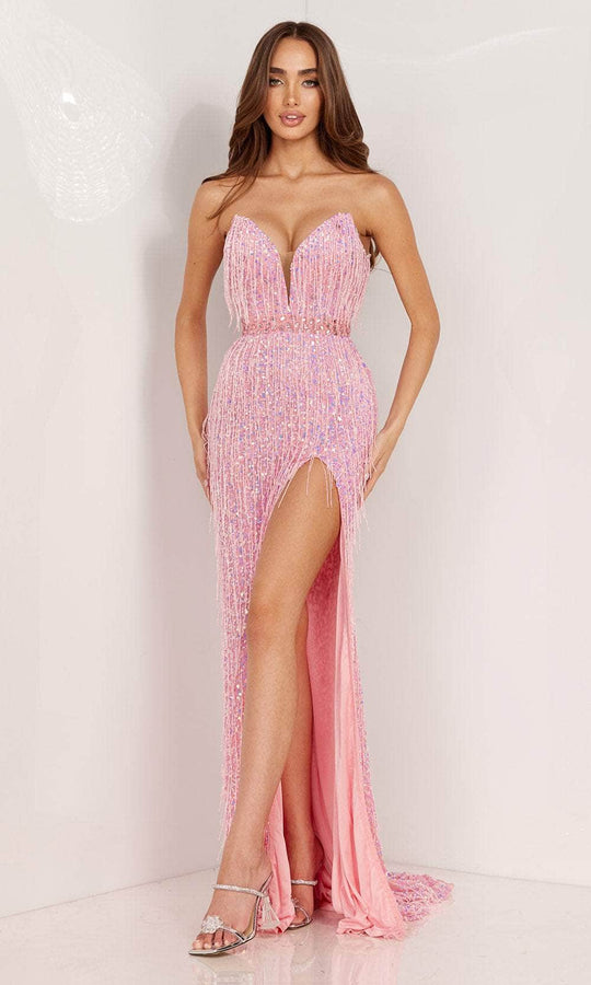 Aleta Couture 1228 - Plunging V-Neck Fringed Evening Gown