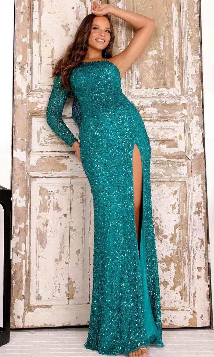 Aleta Couture 881 - Long Sleeve Sequin Embellished Prom Gown Prom Dresses 000 / Asian Jade