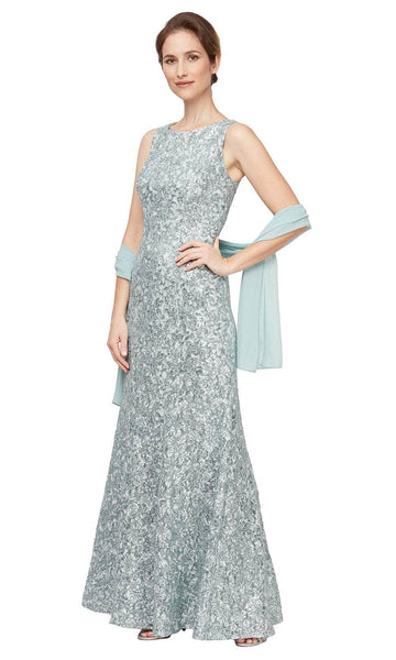 Alex Evenings Long Sleeveless Corded Fit and Flare Dress with Shawl MINK / 14