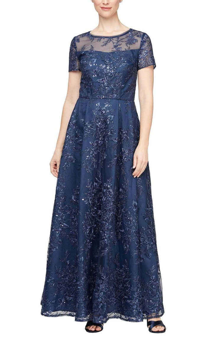 Alex Evenings 81171556 - Sheer Neckline Embroidered A-Line Gown Special Occasion Dress 2 / Navy