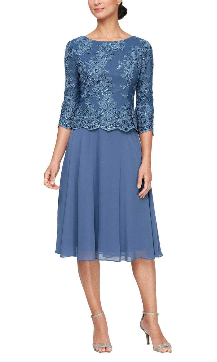 Alex Evenings 81171579 - Quarter Sleeve Scallop Detail Formal Dress Cocktail Dresses 2 / Vintage Blue