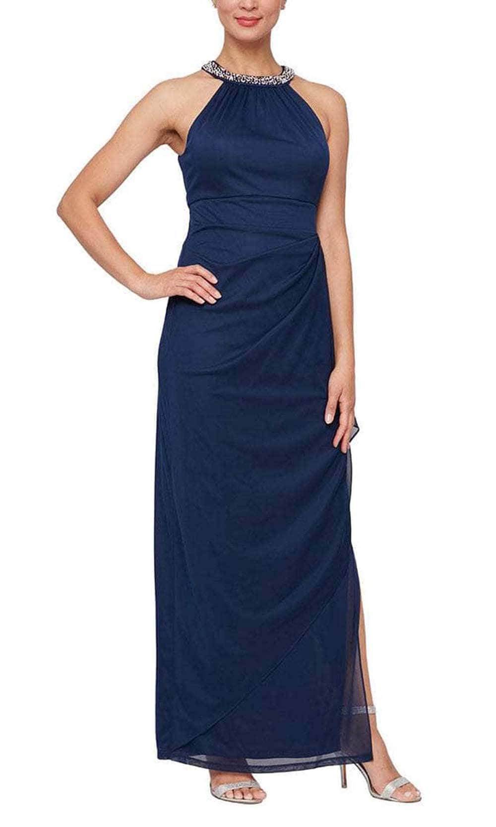 Alex Evenings Alexandra Beaded Halter Dress NAVY / 12 Alex Evenings Alexandra Beaded Halter Dress NAVY / 12