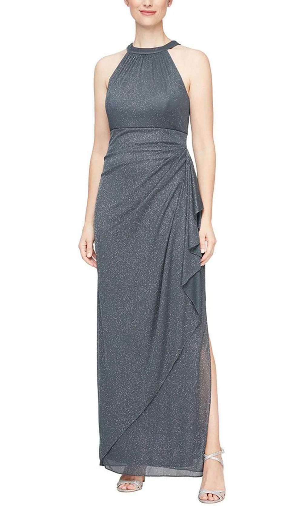 Alex Evenings Glitter Mesh Halter Neck Dress with Cascade Detail Skirt Smoke / 10 Alex Evenings Glitter Mesh Halter Neck Dress with Cascade Detail Skirt Smoke / 10