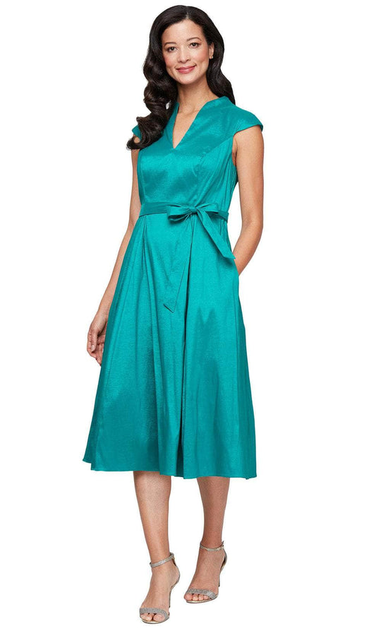 Alex Evenings 8166698 - V-Neck Taffeta Tea-Length Dress with Waist Tie