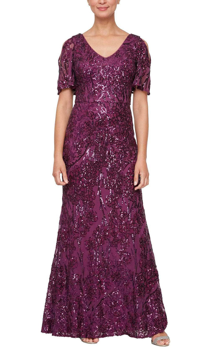Alex Evenings - 8196611 Flutter Sleeves Sequined Long Gown Mother of the Bride Dresses 4 / Plum