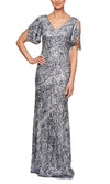 Alex Evenings V-Neck Sequin Dress with Cold Shoulder Flutter Sleeve Mink / 10