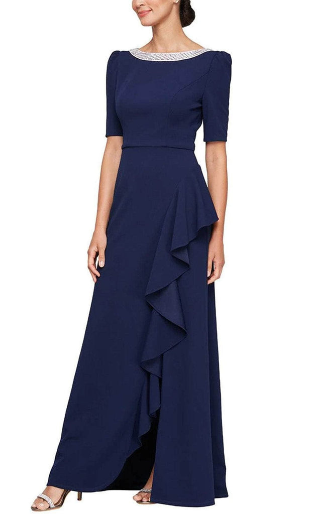 alex evenings electric blue dress Women's Embellished-Neck Ruffle Gown - NAVY day comfort without compromise Feather Dresses boohoo Women's Satin Drape Size:L / 8-10
