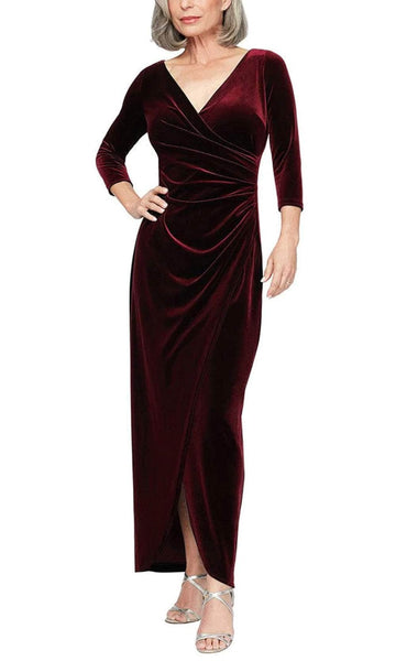 Alex Evenings Petite Size Stretch Velvet Long Sleeve Tulip Skirt Gown, Womens, 12P, Imperial