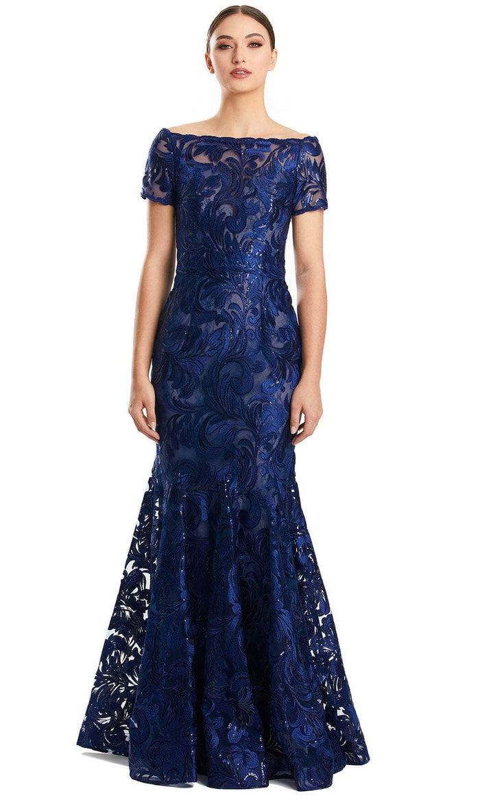Alexander by Daymor 1859F23 - Short Sleeve Lace Applique Long Dress Special Occasion Dress 00 / Navy