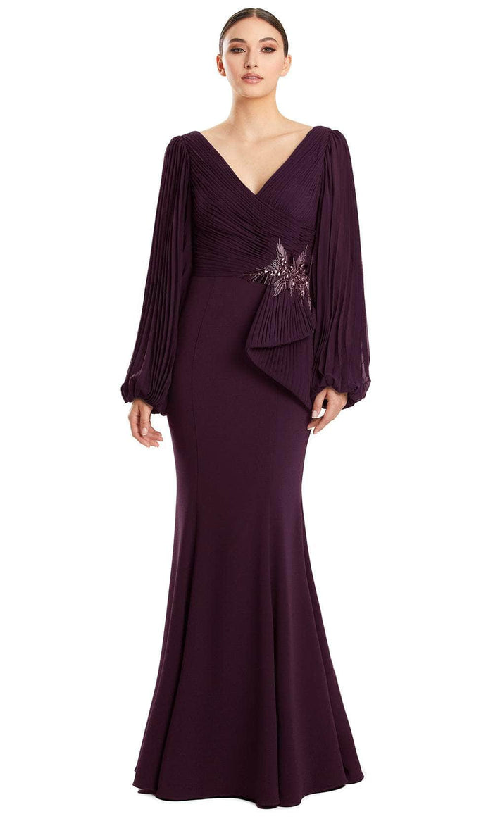 Alexander by Daymor 1886F23 - Pleated V-Neck Evening Gown Special Occasion Dress 00 / Aubergine