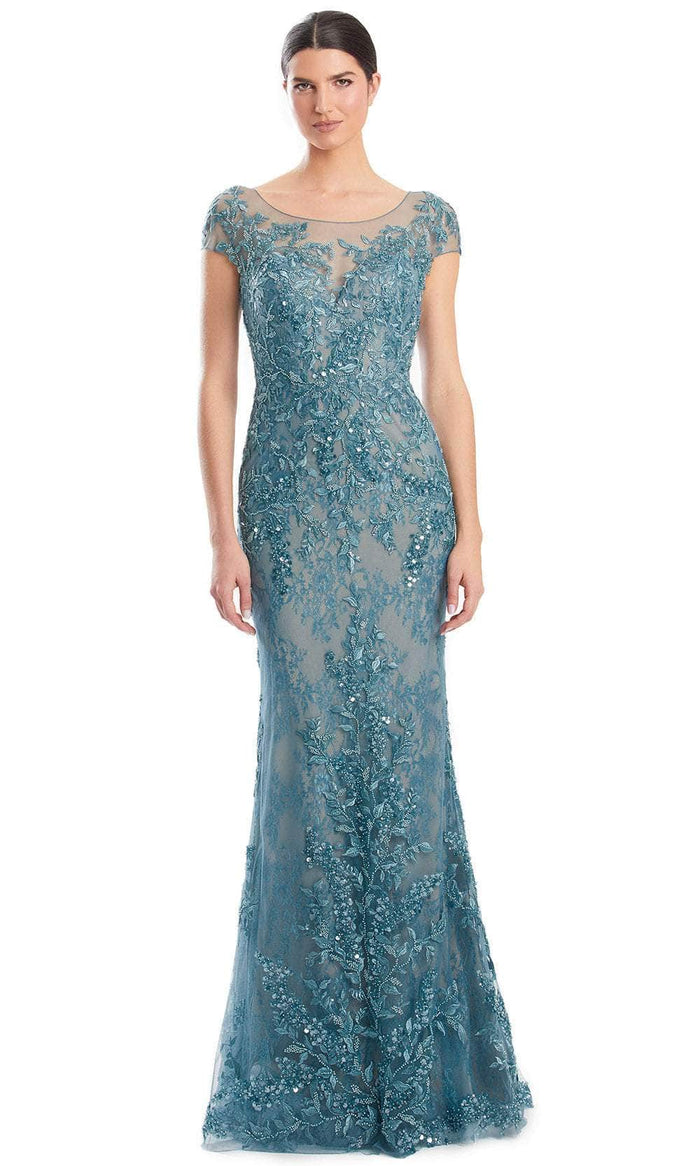 Alexander by Daymor 1973S24 - Lace Applique Short Sleeve Prom Dress Prom Dresses 4 / Juniper Blue