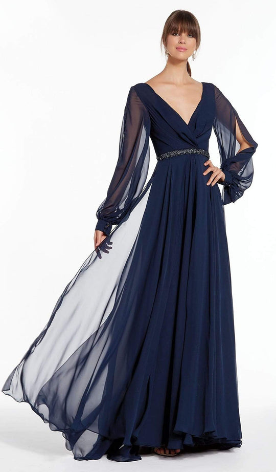 Alyce Paris - Sheer Long Sleeve V-Neck Chiffon Gown 27295