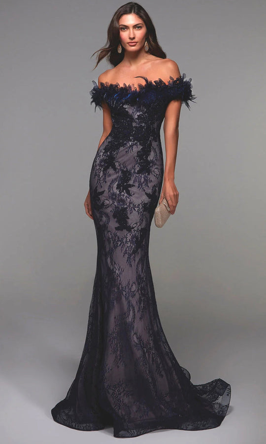 Alyce Paris 27490 - Feathered Off Shoulder Lace Dress