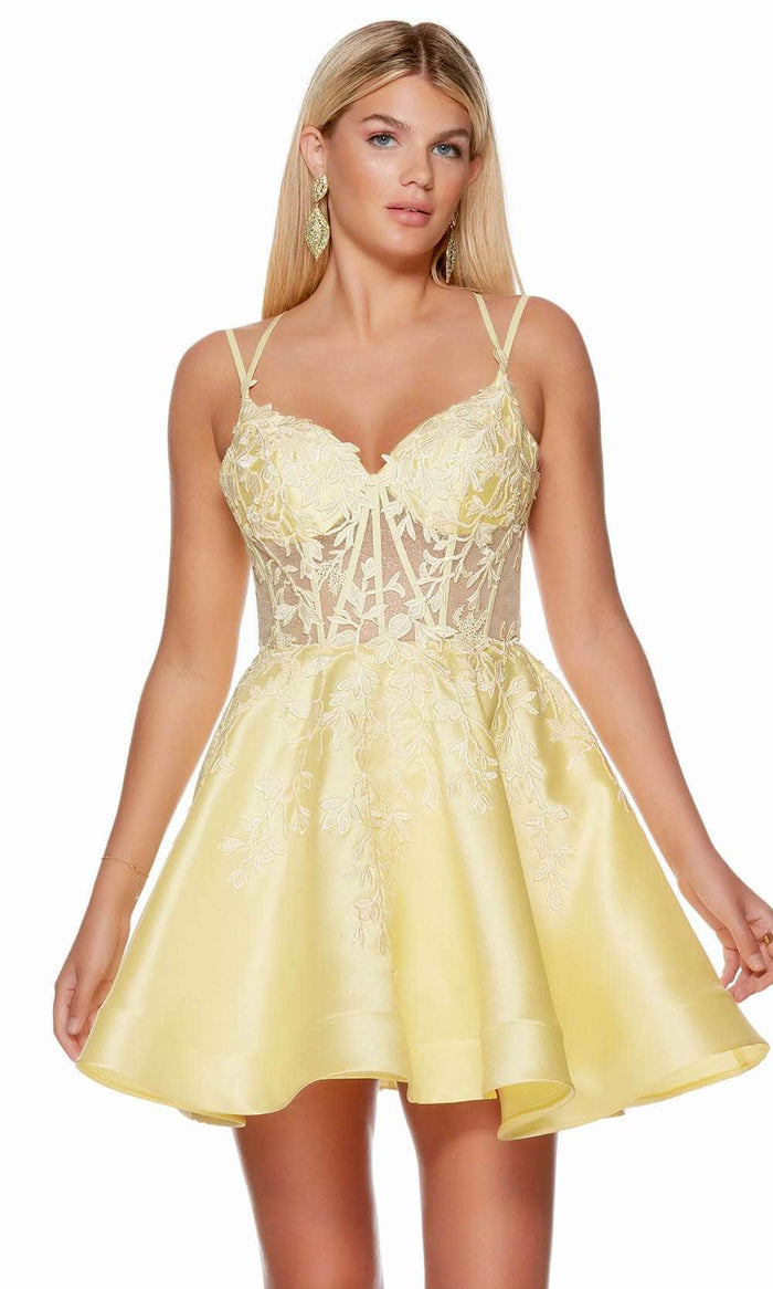 Alyce Paris 3136 - Appliqued Illusion Bodice Cocktail Dress Special Occasion Dress 000 / Light Yellow
