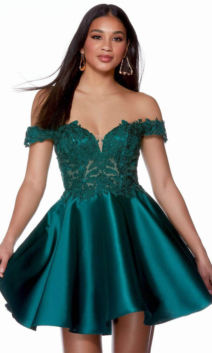 Alyce Paris 3141 - Lace-Applique Off-Shoulder Cocktail Dress Homecoming Dresses 000 / Pine