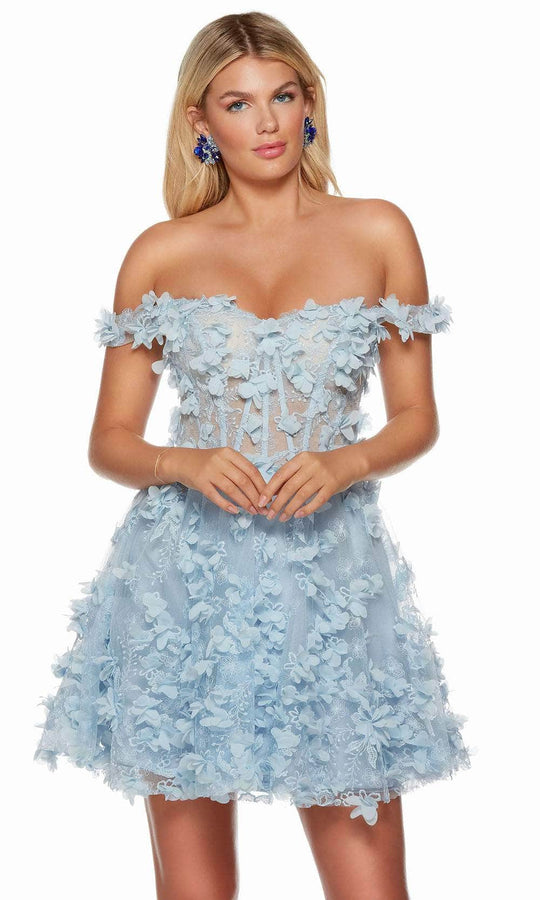 Alyce Paris 3172 - Floral Ornate Off Shoulder Homecoming Dress Special Occasion Dress 000 / Light Blue