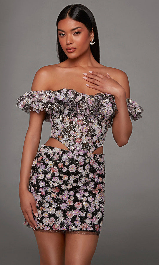 Alyce Paris 40167 - Ruffled Neckline Floral Applique Short Dress