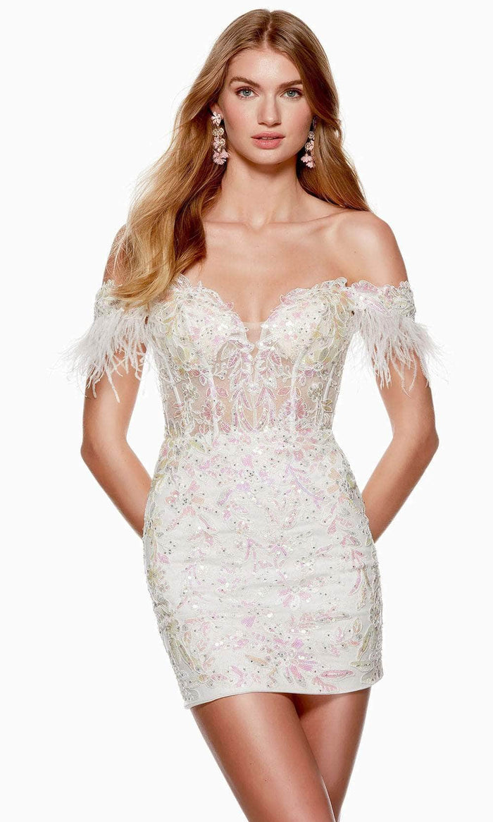 Alyce Paris 4662 - Feather Sleeve Sweetheart Cocktail Dress Special Occasion Dress 000 / Diamond White