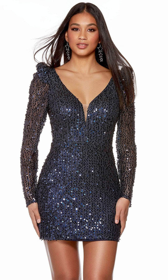 Alyce Paris 4789 - Sequin Mesh Backless Cocktail Dress Special Occasion Dress 000 / Midnight