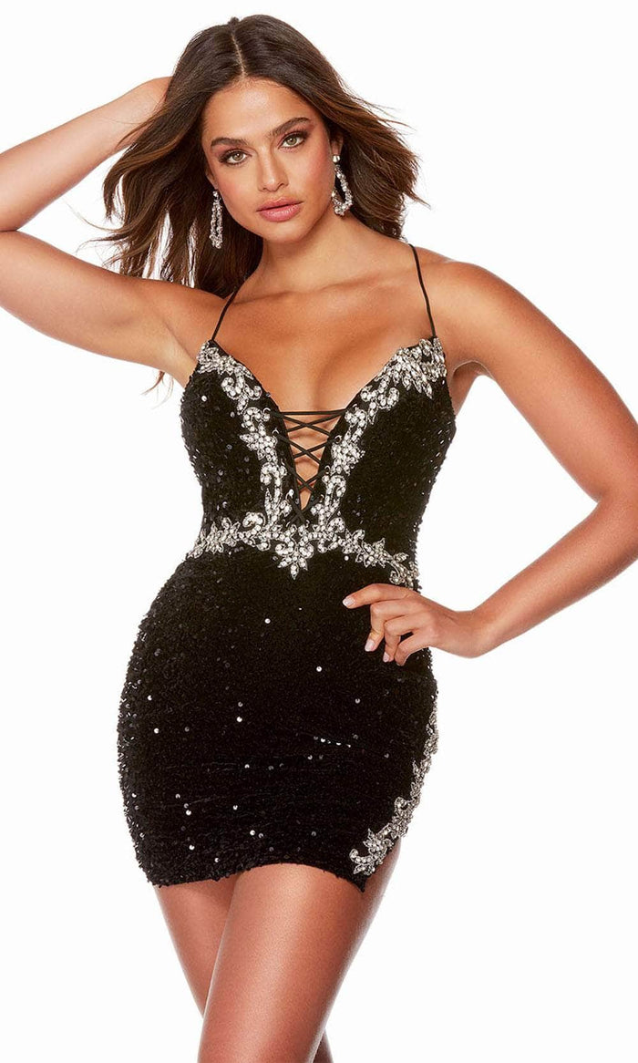 Alyce Paris 4797 - Plunging Sparkly Cocktail Dress Prom Dresses 000 / Black-Silver