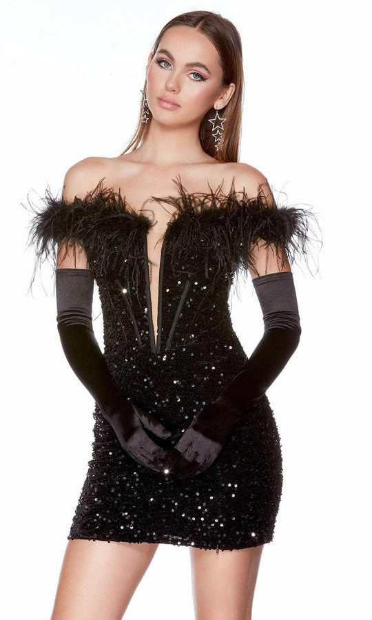 Alyce Paris 4798 - Feather Embellished Off-Shoulder Cocktail Dress Cocktail Dresses 000 / Black