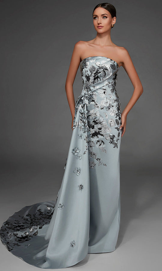 Alyce Paris 55028 - Straight Neckline Floral Accent Jacquard Gown