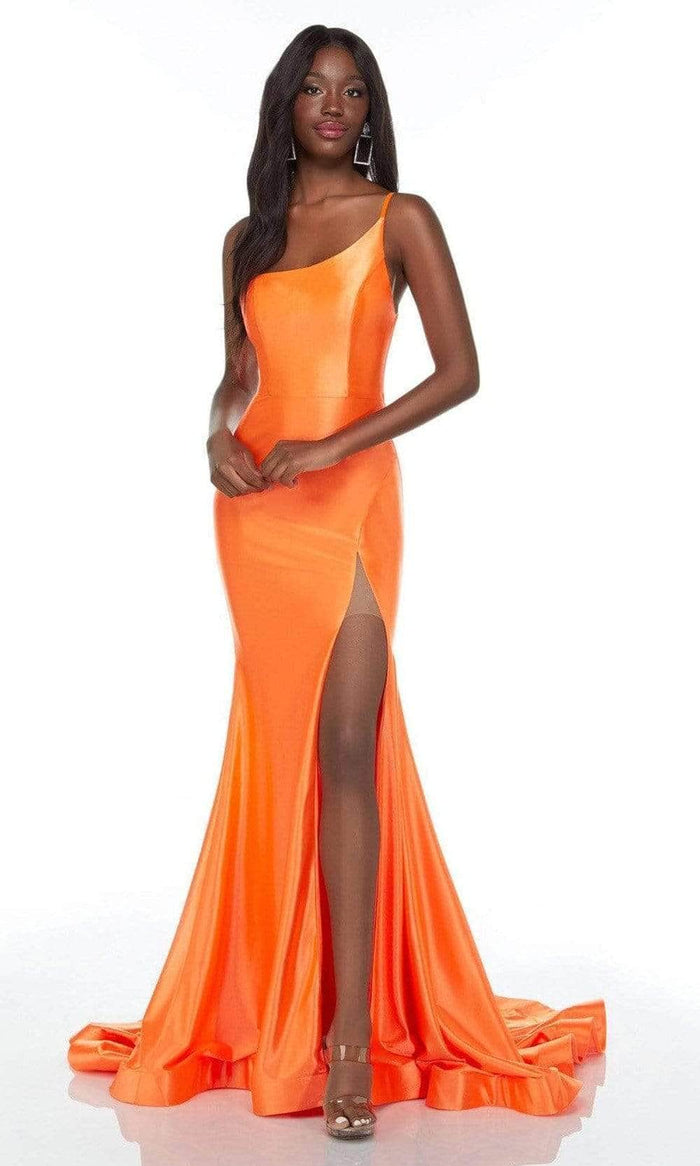 Alyce Paris 61159 - Asymmetrical Satin Evening Gown Prom Dresses 000 / Bright Orange