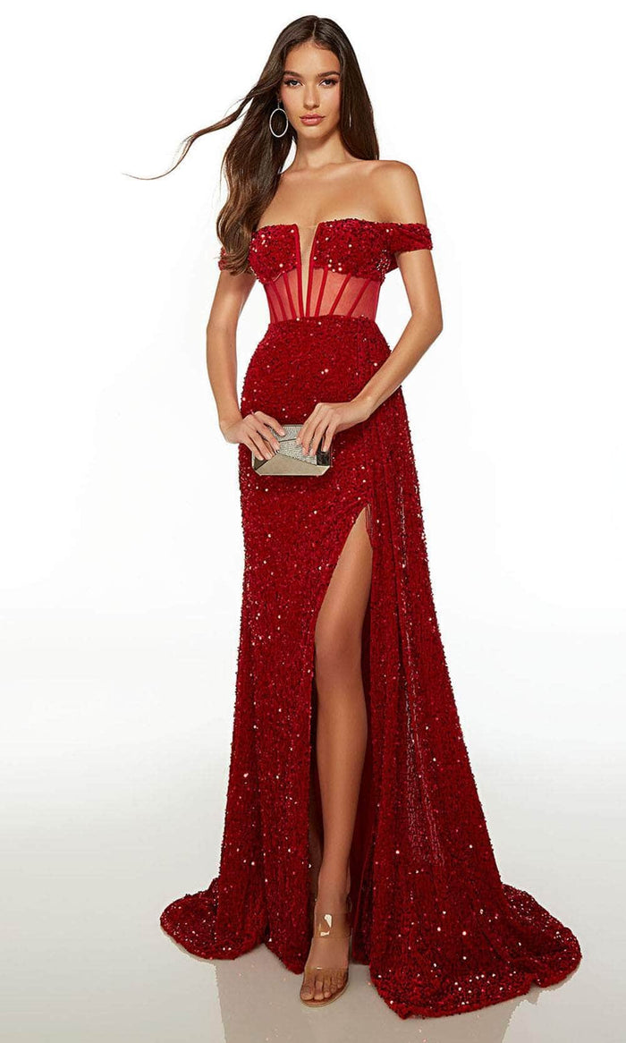 Alyce Paris 61483 - Sheer Corset Bodice Embellished Prom Dress Prom Dresses 2 / Red