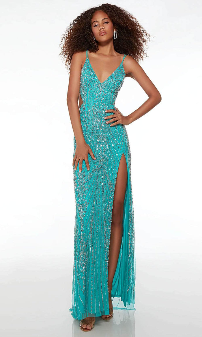 Alyce Paris 61585 - Jeweled Deep V-Neck Prom Gown Prom Dresses 000 / Caribbean-Silver
