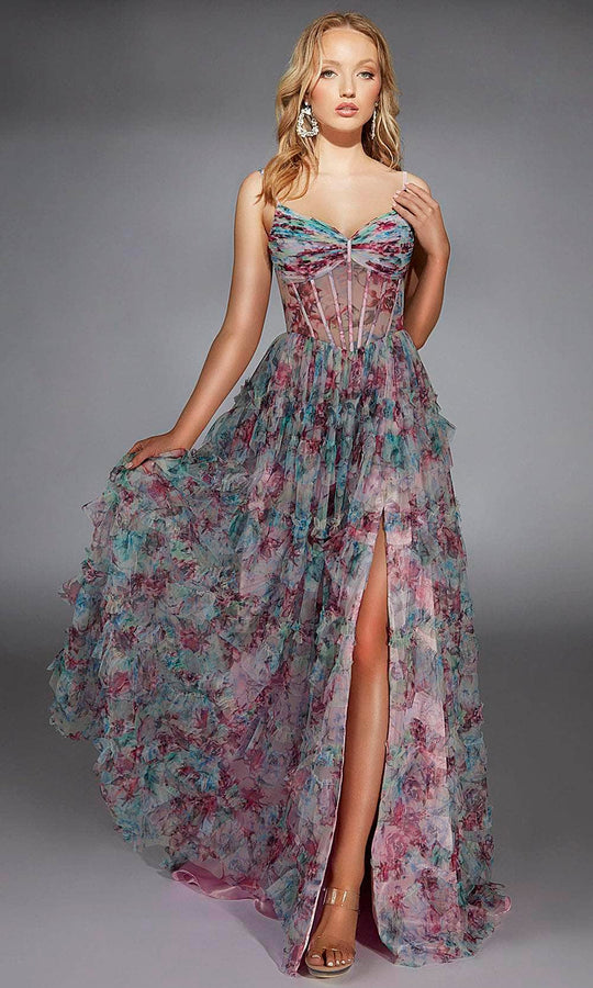 Alyce Paris 61748 - V-Neck Floral Print Evening Gown