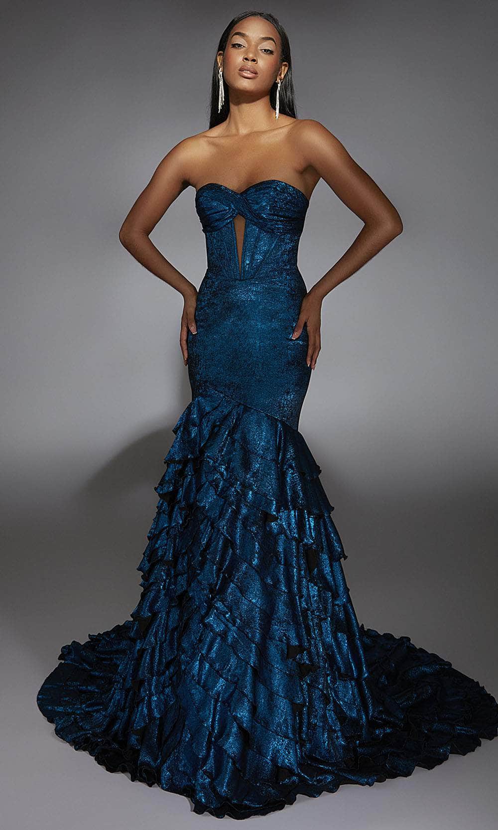 Paris Ruffle Dress Alyce Paris 61782 - Long Metallic Voile Trumpet Dress - Strapless ...