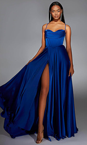 long alyce high low taffeta prom dress with slit Alyce Paris 61883 - Long Satin Chiffon A-line Dress