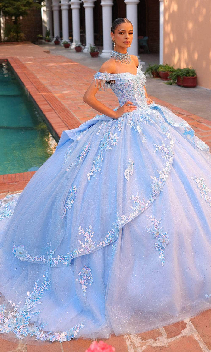 Amarra 54305 - Off-Shoulder 3D Floral Embellished Ballgown Special Occasion Dress 00 / Light Blue