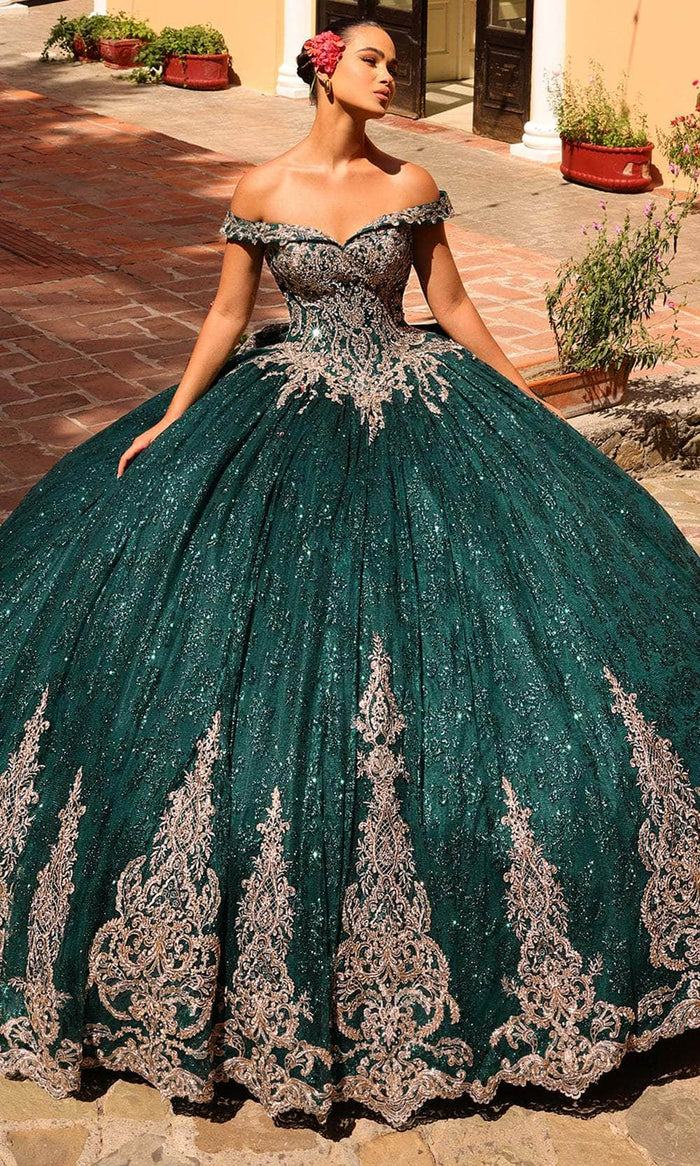 Amarra 54324 - Embroidered Off-Shoulder Ballgown Special Occasion Dress 00 / Emerald/Gold