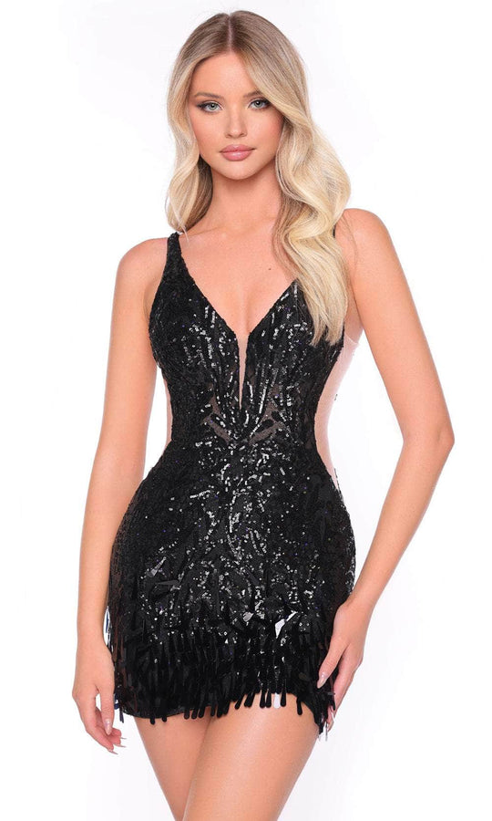 Amarra 88029 - Sheer Sides Fringe Cocktail Dress Special Occasion Dress 000 / Black