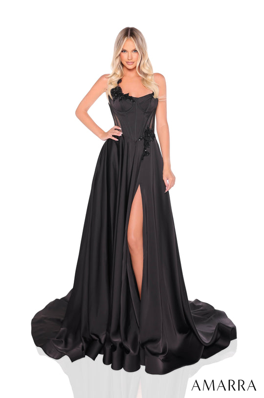 Amarra 88214 - Floral Applique A-Line Satin Gown