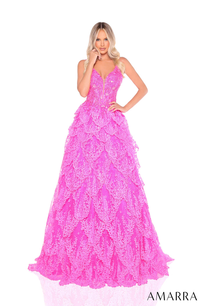Amarra 88265 - Long Glitter Tulle, Lace A-line Dress - Sequins, Embroidery,  Sleeveless, Tiered Layers, Sheer Corset Bodice  Couture Candy