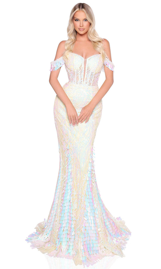 Amarra 88298 - Iridescent Off-Shoulder Sequin Mermaid Dress
