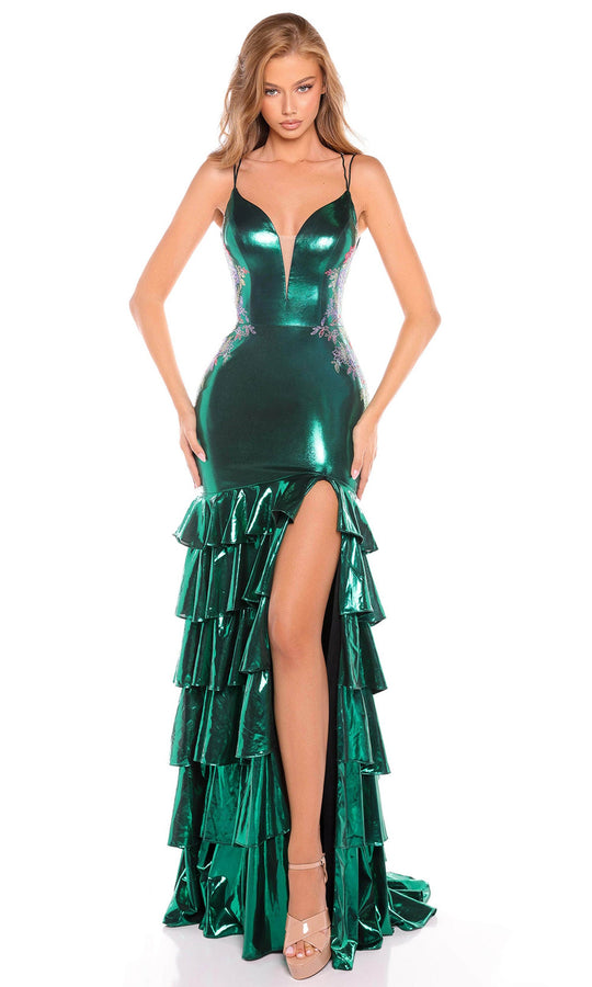 Amarra 88420 - Ruffled Metallic Trumpet Gown with Slit